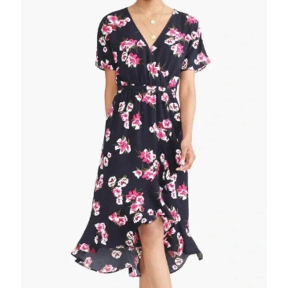 J. Crew Navy Blue Floral Faux Wrap Dress Asymmetric Ruffle Midi Women Sz Small